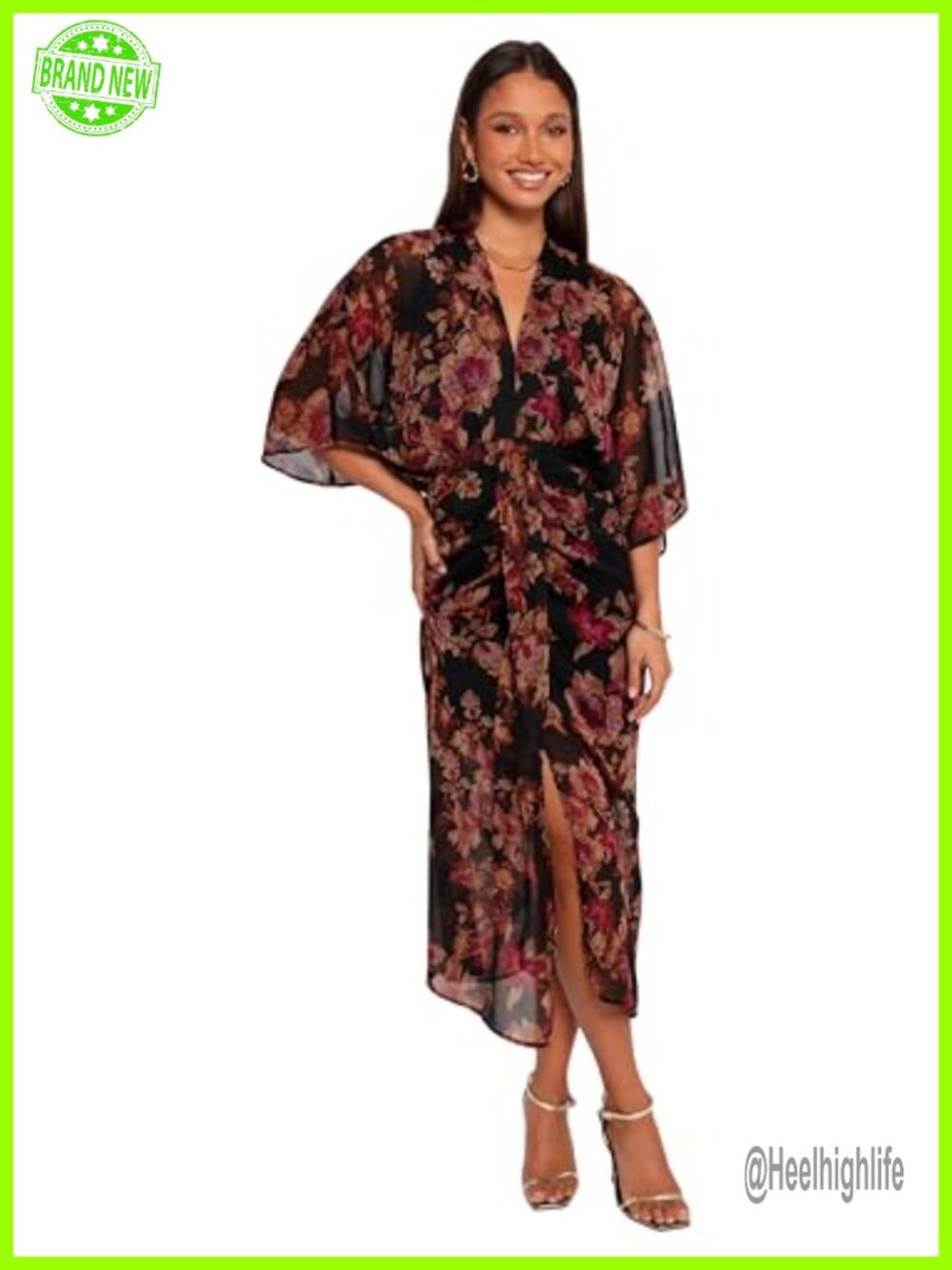 Womens Maxi Dress Floral V-Neck Short Sheer Sleeves A-Line Casual